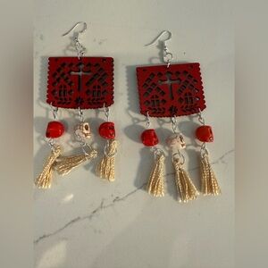 MEXICANA Red and Cream Skull Dangle Earrings NWOT